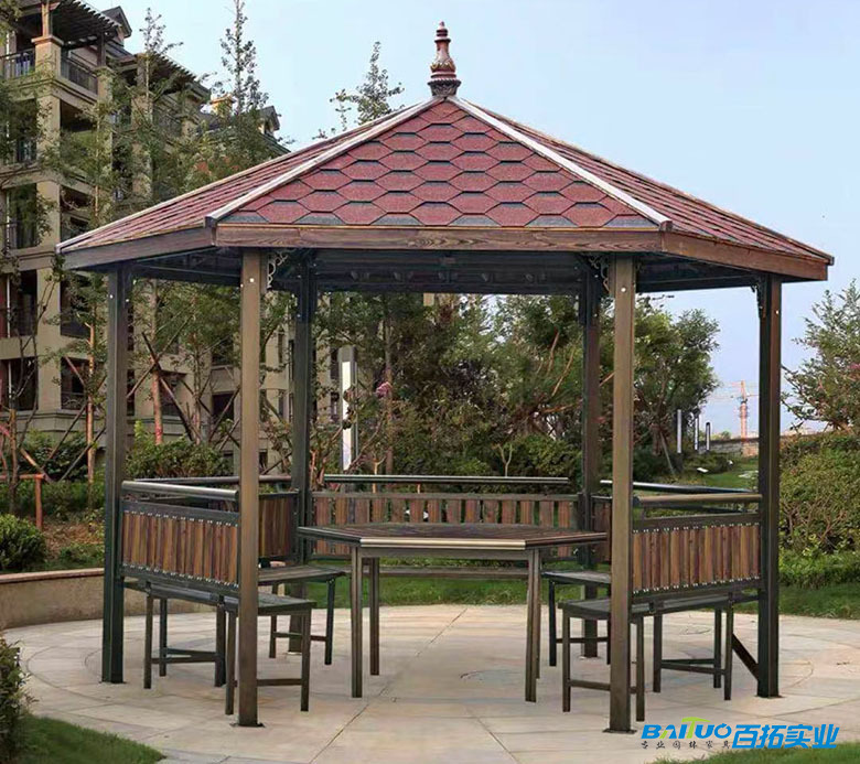 小区六角防腐木凉亭